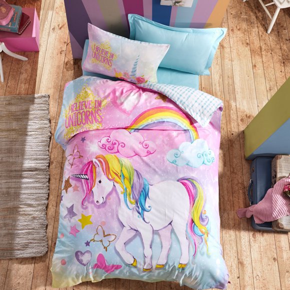 SUSSEXHOME Housse de Couette en Coton Bubble Gum Unicorn Mint, Housse de Couette Format Simple, 1 Housse de Couette, 1 Drap-Housse, 2 Taies d'Oreiller, Compatible avec le Fer, Hypoallergénique, Respirant, Lavable à la Machine