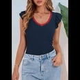 thumbnail image 4 of Camiseta de Verano para Mujer, con Cuello en V, Volantes, Sin Mangas, Corte Entallado, Azul Marino, Talla L, 4 of 7