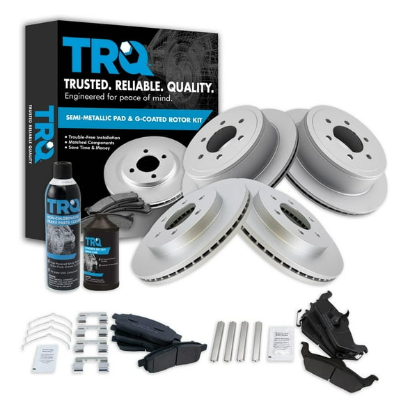 TRQ Brake Coated Rotor & Metallic Pad Front & Rear Kit w/Fluids for Ford Lincoln BKA23285
