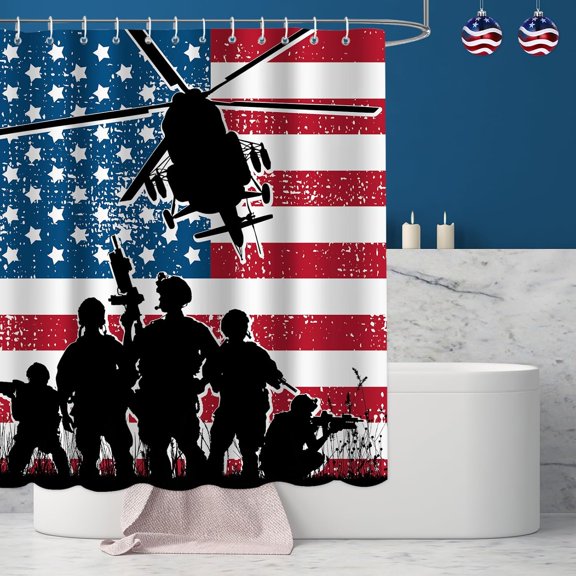 4th of July Shower Curtain Water-Resistant American Flag Shower Curtain Soldier Helicopter Quick Dry Memorial Day Shower Curtain with Hooks, 72x72, Machine Washable