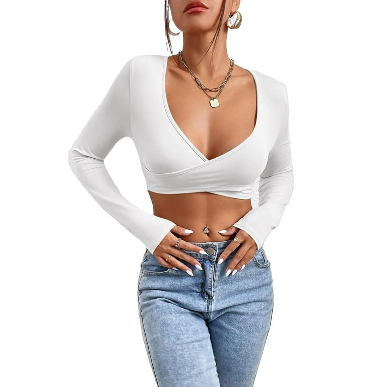 Sexy Deep V Neck Crop Top Long Sleeve White Women s Tops Women s