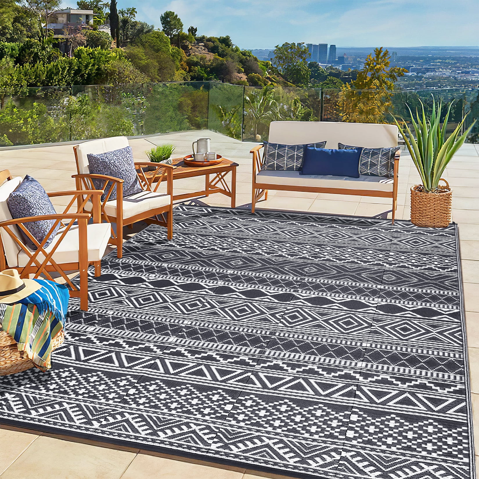 CAROMIO Gray White Boho Outdoor Area Rug 8x10 ft Waterproof Reversible Plastic Mat for Camping RV Picnic