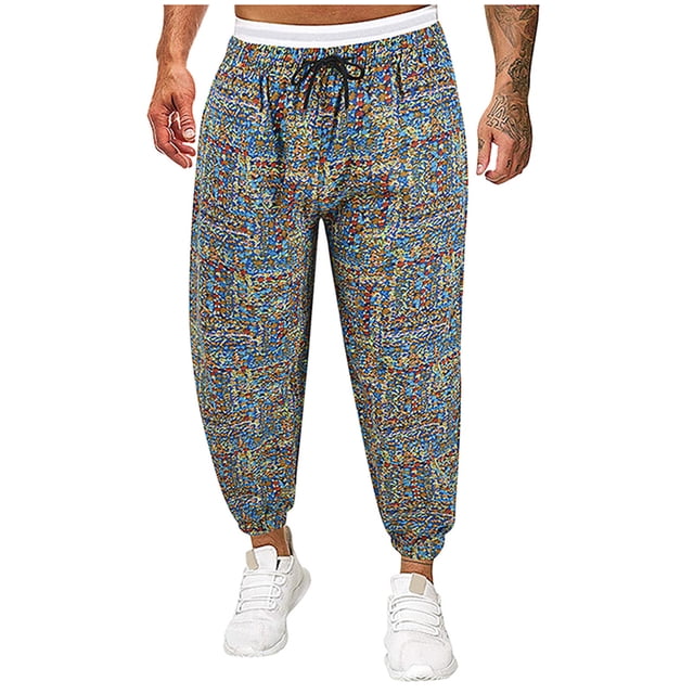 Aqestyerly Men'S Long Pants Men'S Drawstring Printing Casual Patchwork Linen Long Trousers Running Joggers Sweatpants