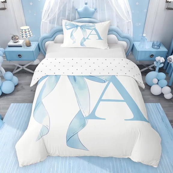 Erosebridal Blue Bowknot Twin Bedding for Girls, Monogrammed A Duvet Cover Set, Reversible 2-Piece, 1 Duvet Cover and 1 Pillowcase (No Comforter)