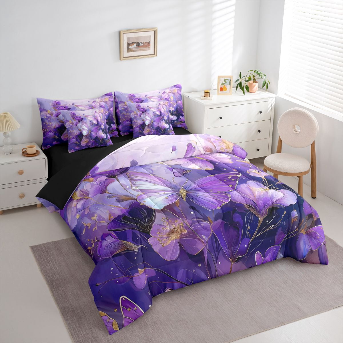 Homewish Floral Butterflies Girl 7-Piece Twin Bedding Sets,Gradient Purple Bedding Comforter Set,Dreamy Princess Breathable Sheet Sets,Microfiber Bedroom Decor,Reversible