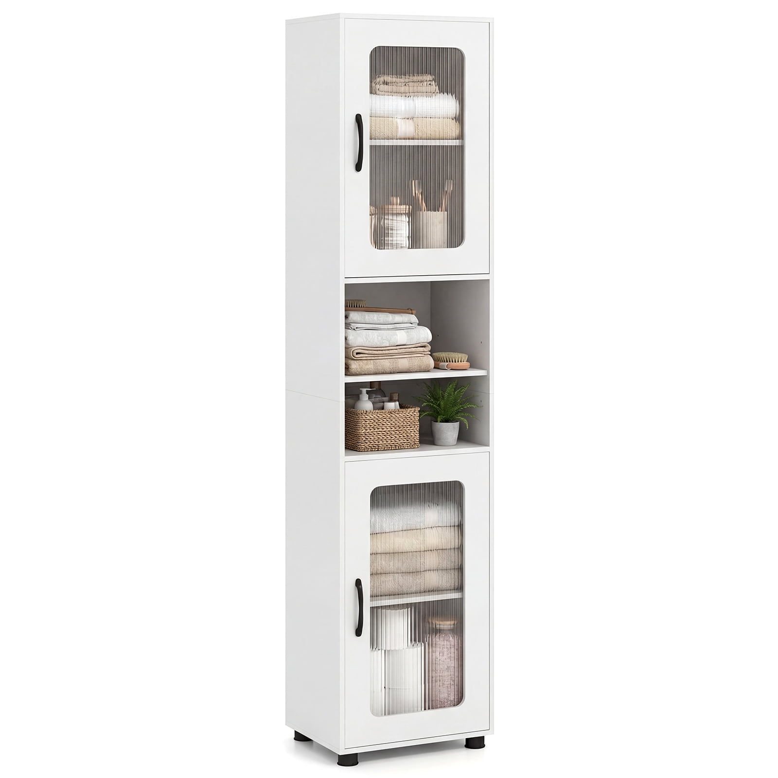 Costway Bathroom Cabinet, Slim Floor Storage Cabinet with 2 Fluted Doors,4 Rubber Feet White