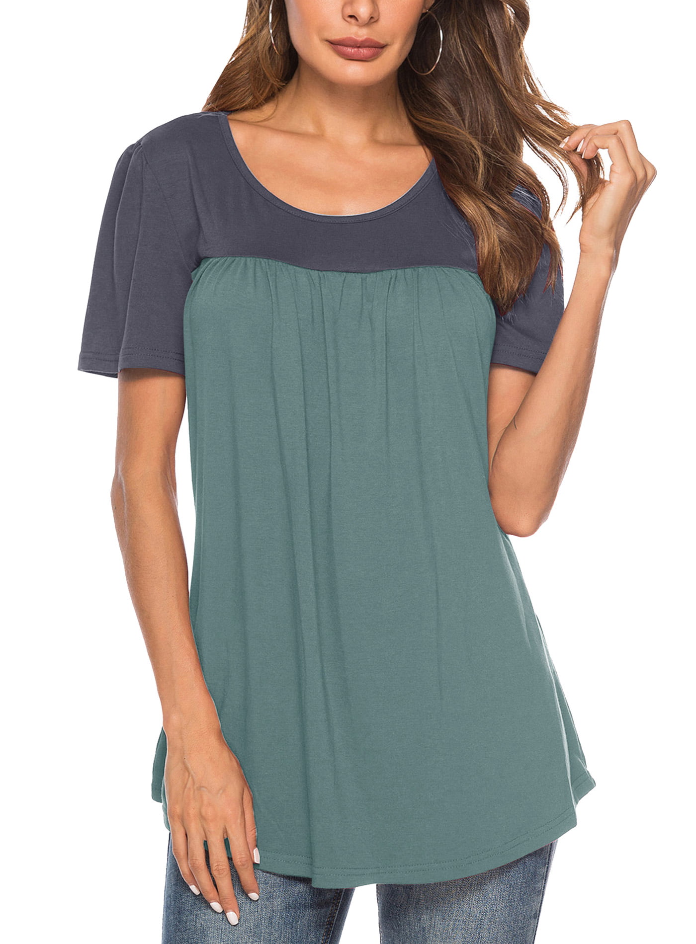 Womens Scoop Neck Pleated Tunic Tops Blouse Solid Color Shirts
