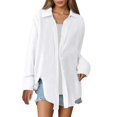 thumbnail image 2 of JSheng Women's Casual Lapel Shirt Summer Fashion Soft Long Sleeve Imitation Cotton and Linen Bloues White S, 2 of 5