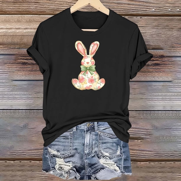 Haivin Women Happy Easter T Shirt Bunny Rabbit Graphic T-Shirt Funny Letter Printed Shirts Short Sleeve Tops