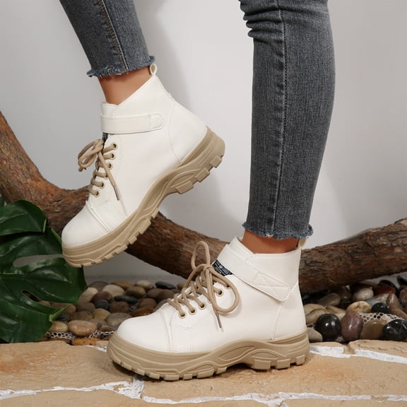 Willtoo Combat Boots for Women Warm Plush Lining Lace-up Ankle Booties with Hook & Loop Non-Slip