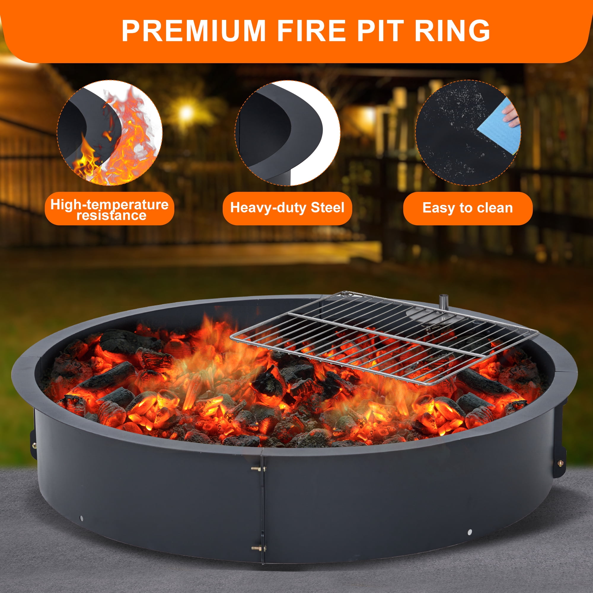 WhizMax 35" Fire Pit Ring w/ Grill Grate,Outdoor Steel Firepit Liner DIY Wood Burning Insert for Camping Patio
