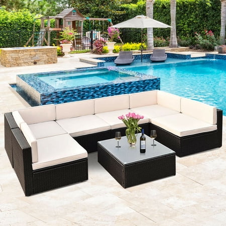 Gymax Patio Garden 7pc Furniture Set Rattan Wicker Black Walmart Canada
