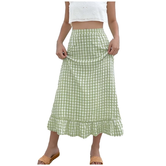 Alkepwun Plaid Skirts for Women High Waist Boho Casual Flowy A Line Beach Long Skirts Lightweight Comfort Breathable Ruffled Panel Maxi Skirts
