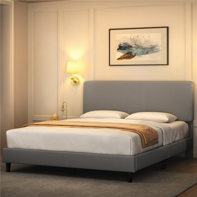 Yaheetech Upholstered Platform Bed Frame with Adjustable Headboard & Slat Support, Light Gray