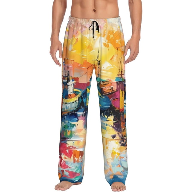 Fotbe Colorful Fishing Boats Pantalones de Pijama para Hombre, Pantalones de Dormir, Pantalones de Casa con Cintura Ajustable y Bolsillos-Medium