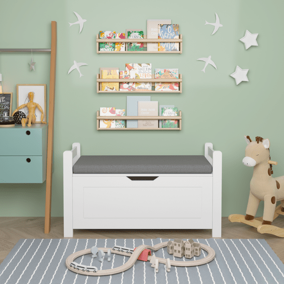 Kids Toy Box Chest, White Toy Box for Boys Girls, Large Storage Cabinet with Cushion Seat Bench/Flip-Top Lid/Safety Hinge, Toy Storage Organizer Trunk for Nursery, Playroom