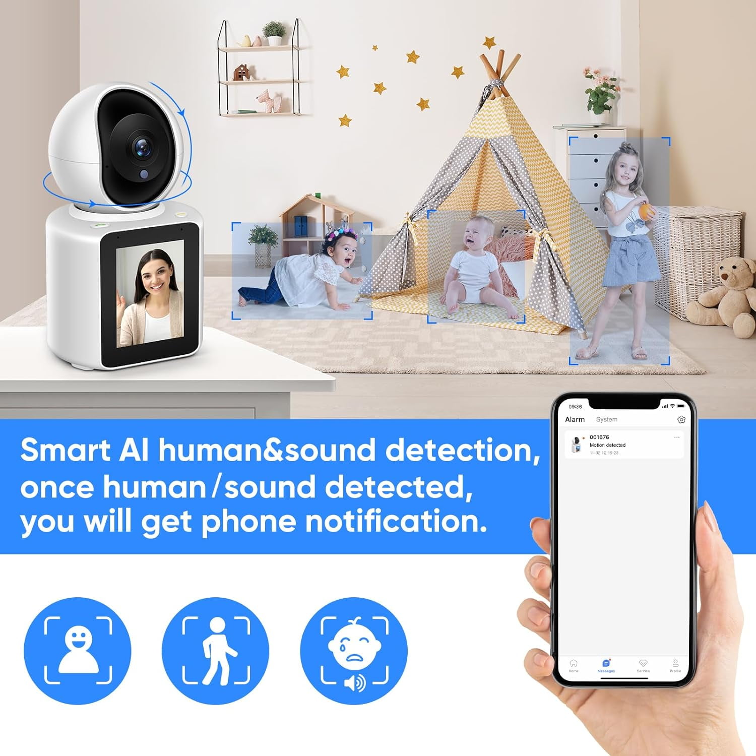 Two-Way Video/Audio Indoor Camera, Child/Elder/Dog/Pet Camera with Phone App, 2.8In Screen, 1080P Home Security Camera with Night Vision, One-Button Call