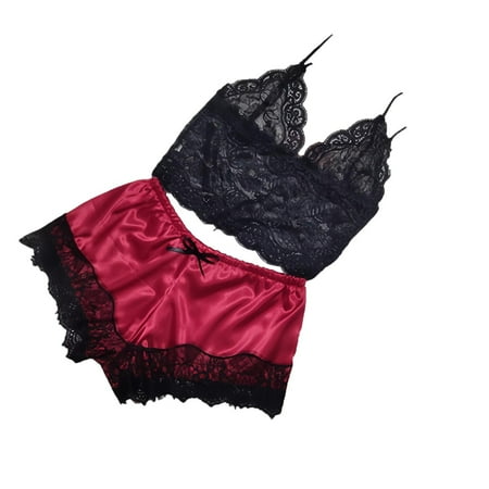 Tao Tao Women Sleepwear Lace Pajamas Set Shorts Nightwear Camisole Short Sets Babydoll Red L