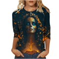 thumbnail image 2 of Uootdi Shirts for Women Round Neck Three Quarter Golden Skull Witch Lady Print Halloween Costumes for Women Loose Fit Gothic Holiday Womens Tops, 2 of 5
