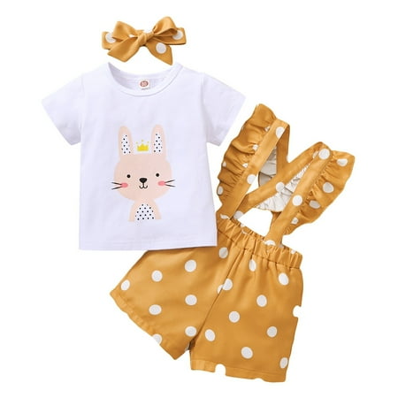 

3 Months Baby Girls Summer 3PCS Outfits 6 Months Infant Girls Clothes Short Sleeve Rabbits Print T-shirt Top Polka Dots Overalls Shorts Headband Set Yellow