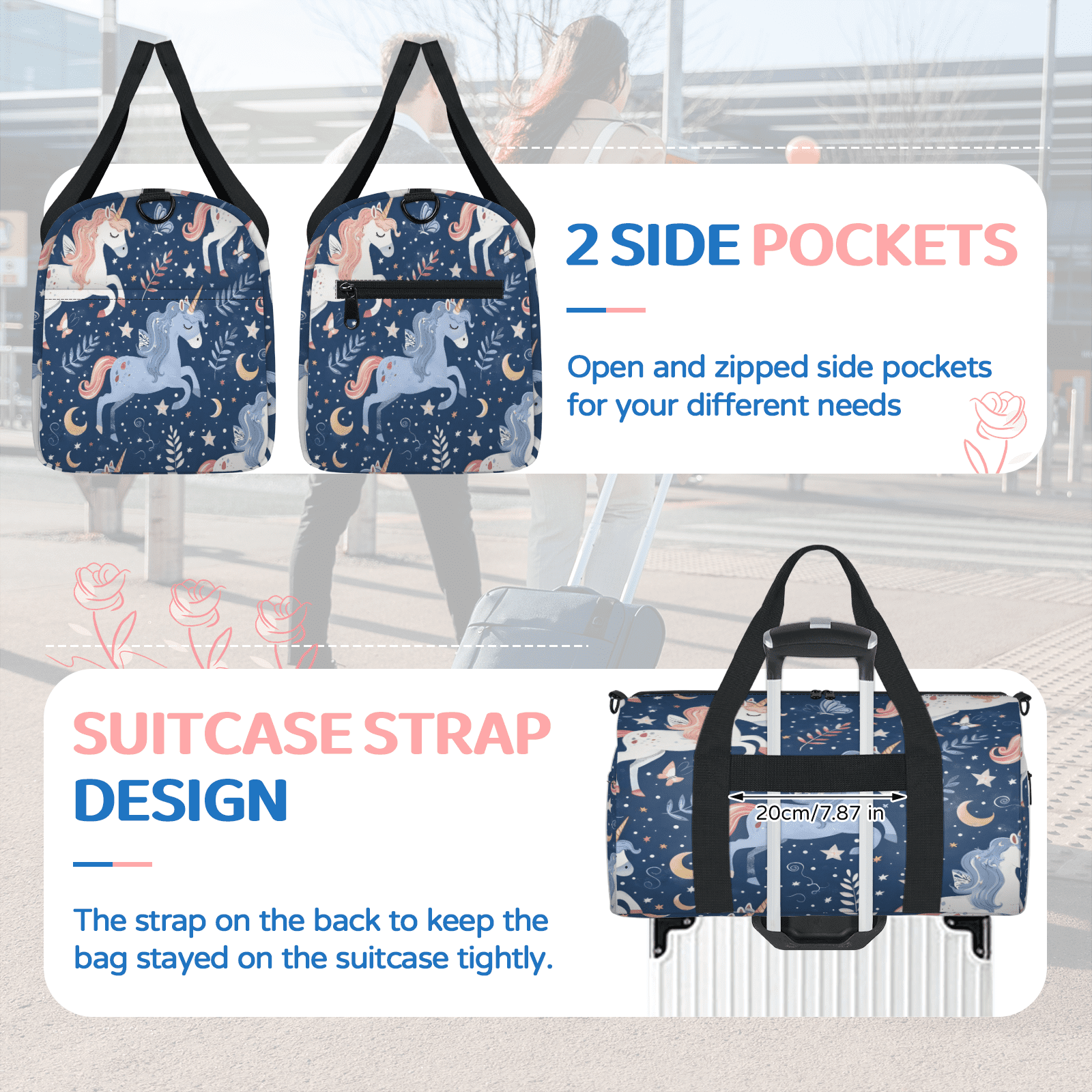 Herdesigns Unicorn Cute Funny Gym Bag for Women, Duffle Bag for Travel Sport, Lightweight Waterproof Carry on Weekender Overnight Dance Yoga Workout Bags