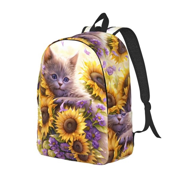 Disketp Daisy Sunflower Lazy Cat print Canvas Backpack Lightweight Travel Daypack Student Rucksack Laptop Backpack-
