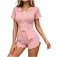 thumbnail image 5 of Women Pajama Set Solid Bow Stretch Short Sleeve Top with Elastic Waist Casual Shorts Outfit, 5 of 5
