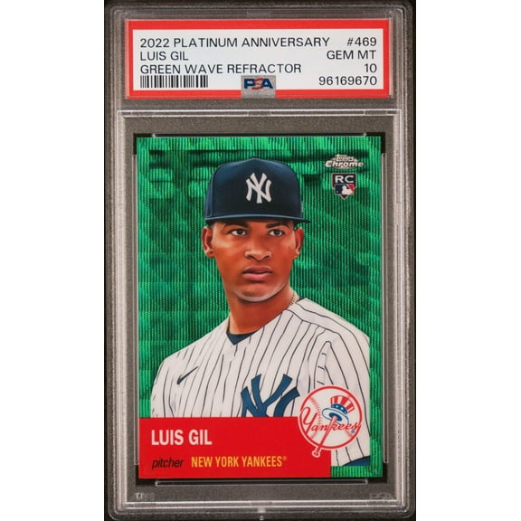 Graded 2022 Topps Platinum Anniversary Luis Gil #469 Green Wave Refractor #/99 Rookie RC Baseball Card PSA 10 Gem Mint