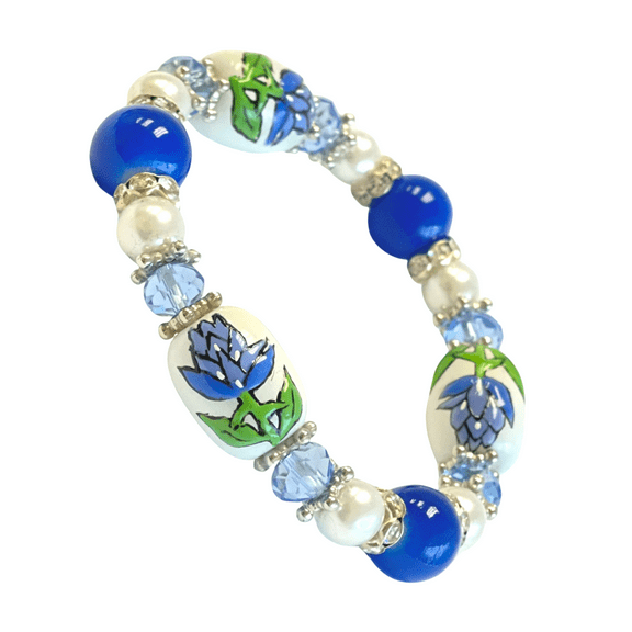 Blue Flower Bracelet, Texas Bluebonnet Glass Beaded Jewelry, Birthday Christmas Gift for Her, 1 pc