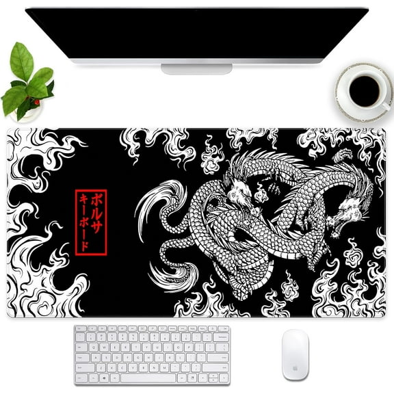 Extended XXL Large Gaming Mouse Pad with Stitched Edges Non-Slip Rubber Base Mousepad Cool Black and White Dragon Design Computer Pad Keyboard Mouse Pad 31.5 x 15.7 in