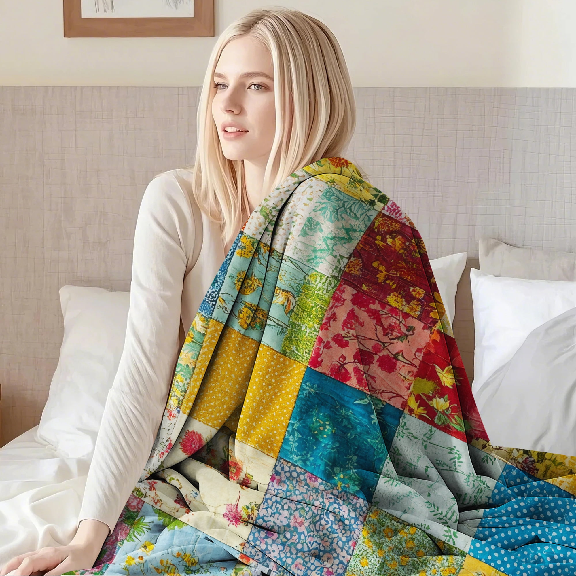 Sherpa Fleece Twin Blanket 60"x80" Reversible Plush Fluffy Blanket, Double-Layer Super Soft Flannel Blanket for Sofa, Couch, Bed, Patchwork Floral Pattern