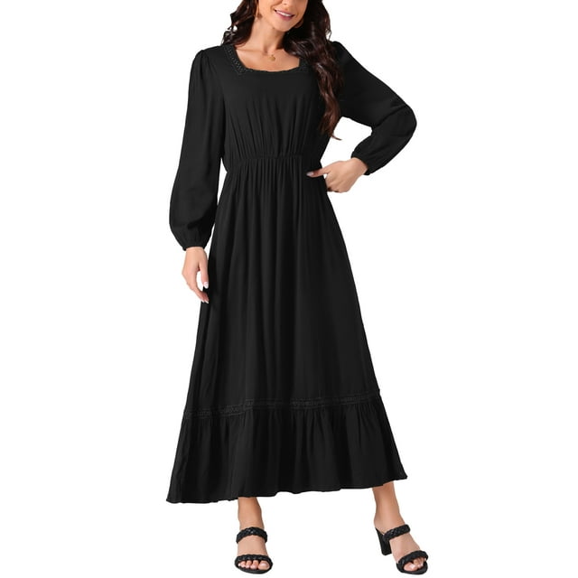 Unique Bargains Robe Maxi Évasée à Manches Longues Col Carré Taille Haute Élastique pour Femmes avec Poches Noir m