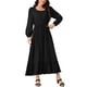 thumbnail image 1 of Vestido largo A-line bohemio de manga larga con escote cuadrado, cintura alta elástica y bolsillos para mujer, color negro, 1 of 5
