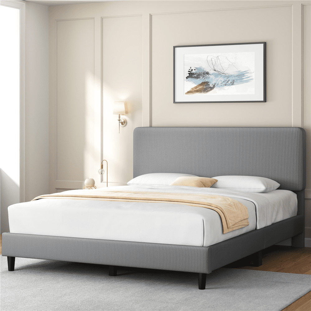 FullFurnique Upholstered Platform Bed Frame with Wooden Slat Support, Queen, Light Gray
