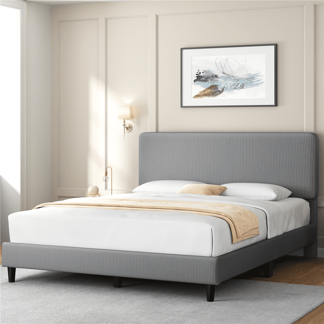 FullFurnique Upholstered Platform Bed Frame with Wooden Slat Support, Queen, Light Gray
