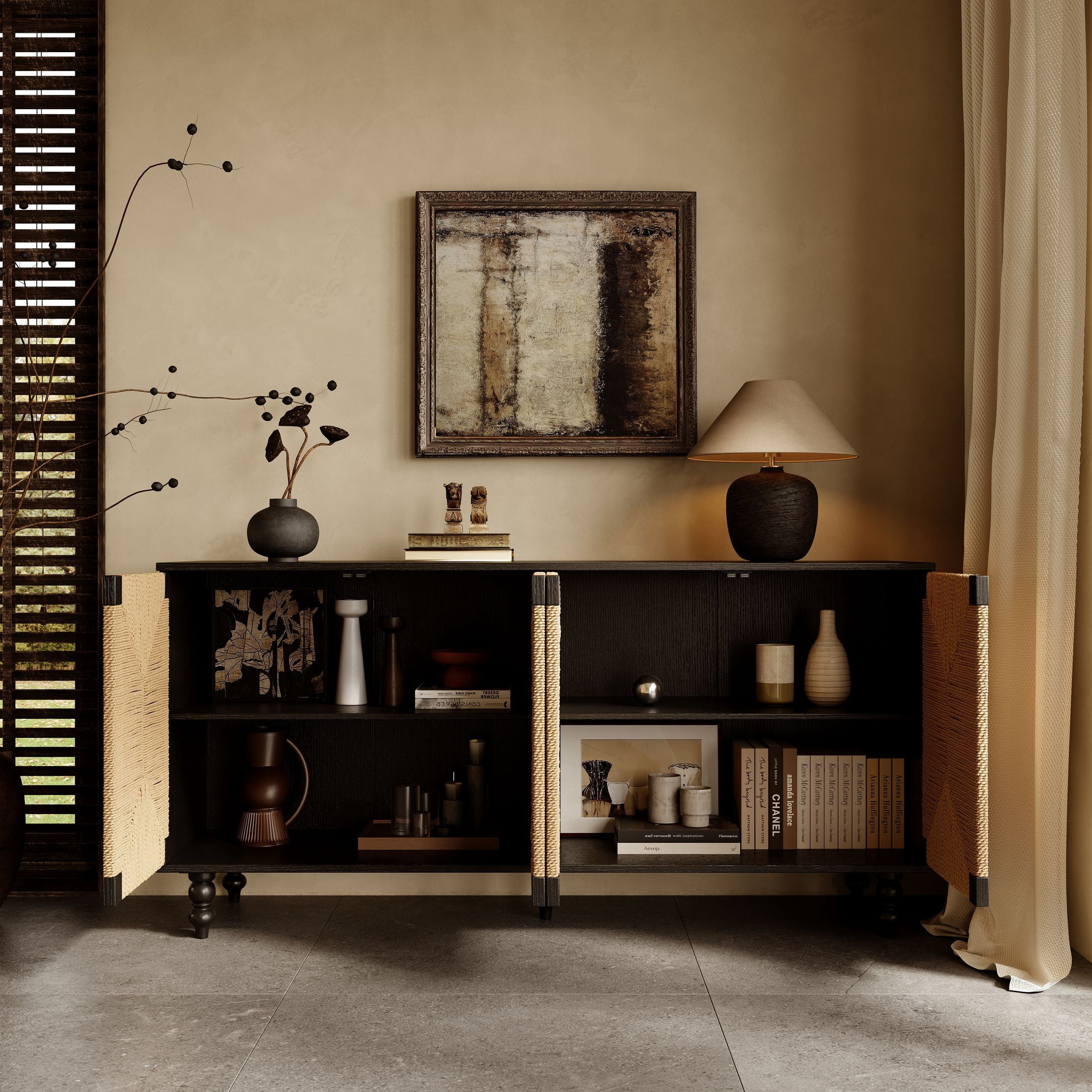 Noble House Enoch 59" Sideboard Buffet Cabinet with Handwoven Seagrass Doors & Solid Wood Legs, Black & Natural