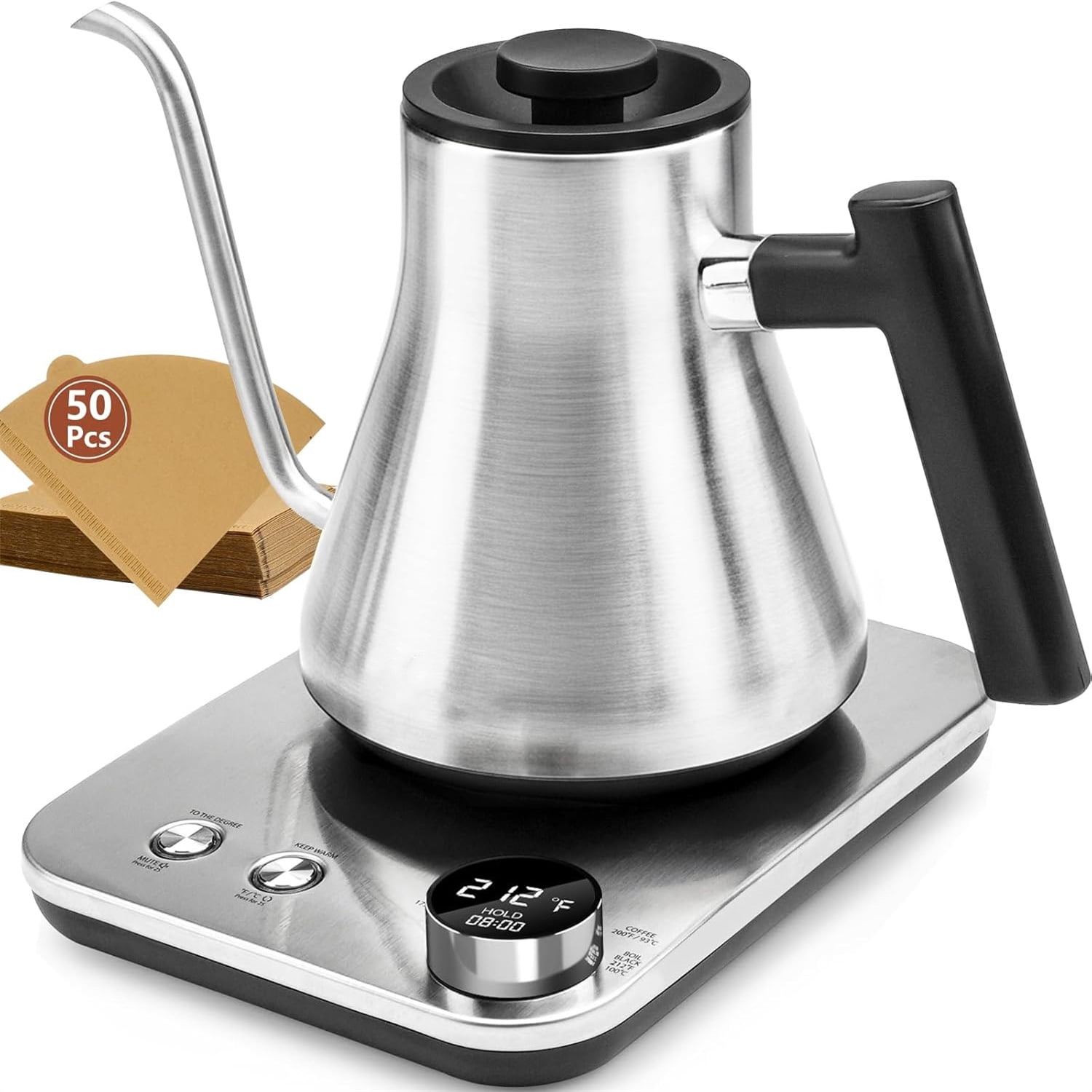 Gooseneck Electric Kettle with ±1°F Temperature Control, 1200W Quick Heating for Pour Over Coffee & Tea, 0.9L Water Boiler with 24H Keep Warm & Auto Shut Off, Stainless Steel Interior, Silver