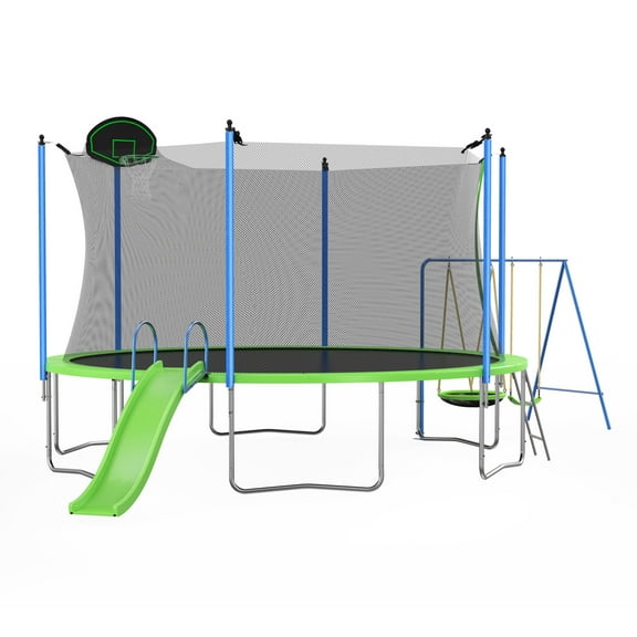 Triple Tree Trampoline with Slide Swings and Basketball Hoop, Green, 254.00" x 144.00" x 121.20"