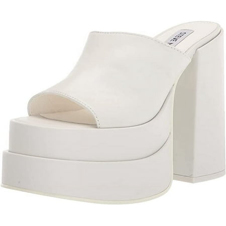 Steve Madden Cagey White Leather Open Toe Slip On High Platform Retro Sandal (9.5, White Leather)