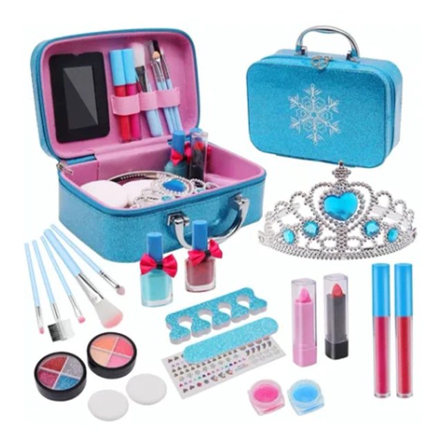 21pcs Kids Makeup Set Education Frozen Themed Washable Portable Kids Beauty Cosmetics Set. Includes a blue glittery Frozen-themed makeup bag with snowflake design, containing 21 pieces such as makeup brushes, lipsticks, lip gloss, nail polish, eye shadow, sponges, a comb, a crown, stickers, and nail accessories. Compact and portable design measuring approximately 7.9 x 3 x 5.1 inches, suitable for children aged 6 years and up. Safe, washable, and free of harmful chemicals.