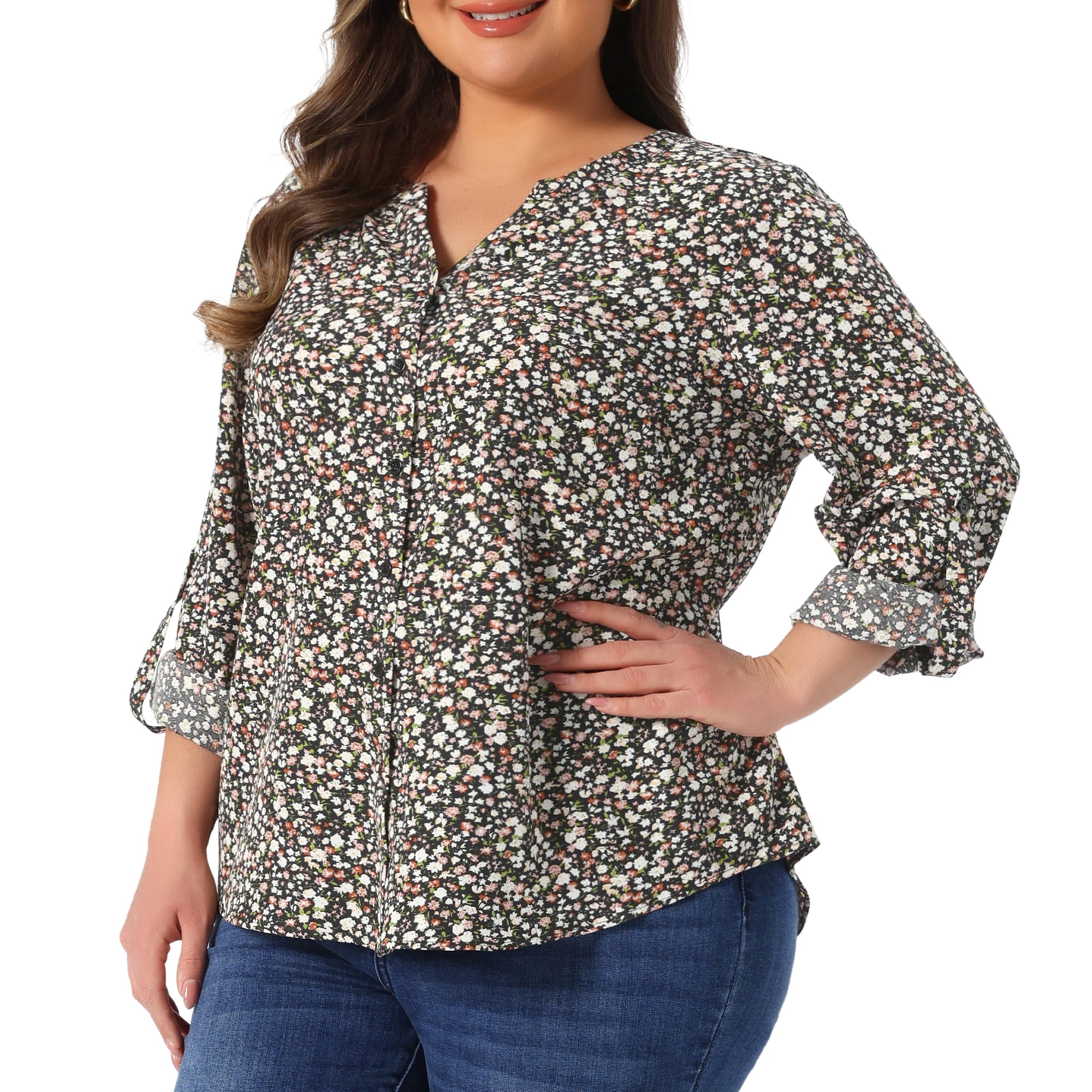 DARING DIVA Women's Plus Size Floral Long Sleeve Button Down Shirt 1X Black