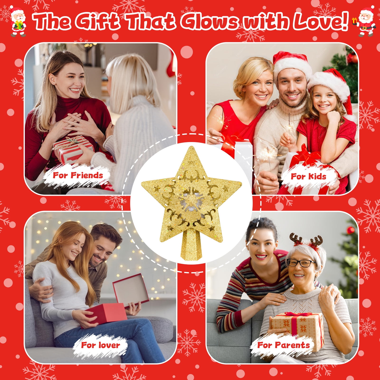 Christmas Star Tree Topper with Built-in Led Projector Lights Hollowed Pentagram Tree Topper, Christmas Decorations Light, Plug in Christmas Tree Ornament for Indoor Office New Year Holiday, Gold