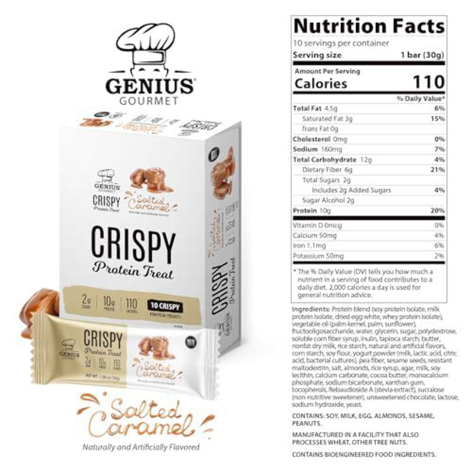 Genius Gourmet Crispy Protein Treat - Salted Caramel Low Carb Low Sugar Snacks (10 Protein Bars)