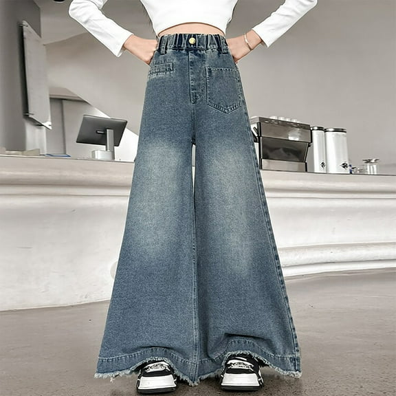 MKOSPLRT Wide Leg Jeans for Girl High Waist Baggy Palazzo Jeans Casual Straight Leg Denim Pants Oversized Retro Jeans with Pocket 5-15 Years