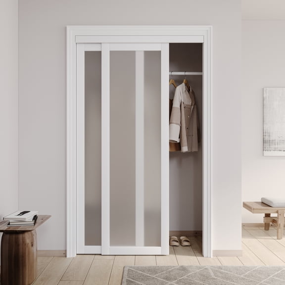 48" x 80" 1 Lite Tempered Frosted Glass and MDF White Pantry Sliding Closet Door with Hardware