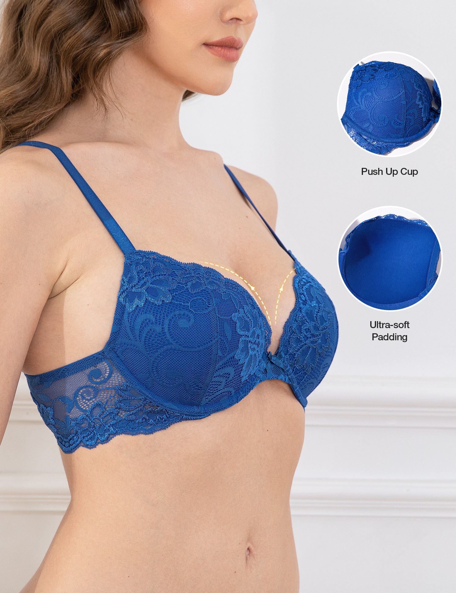 Deyllo Women's Push Up Bra Padded Plunge Add Cups Underwire Sexy Lace Lift Up Bra, royal blue 34B - image 3 of 8