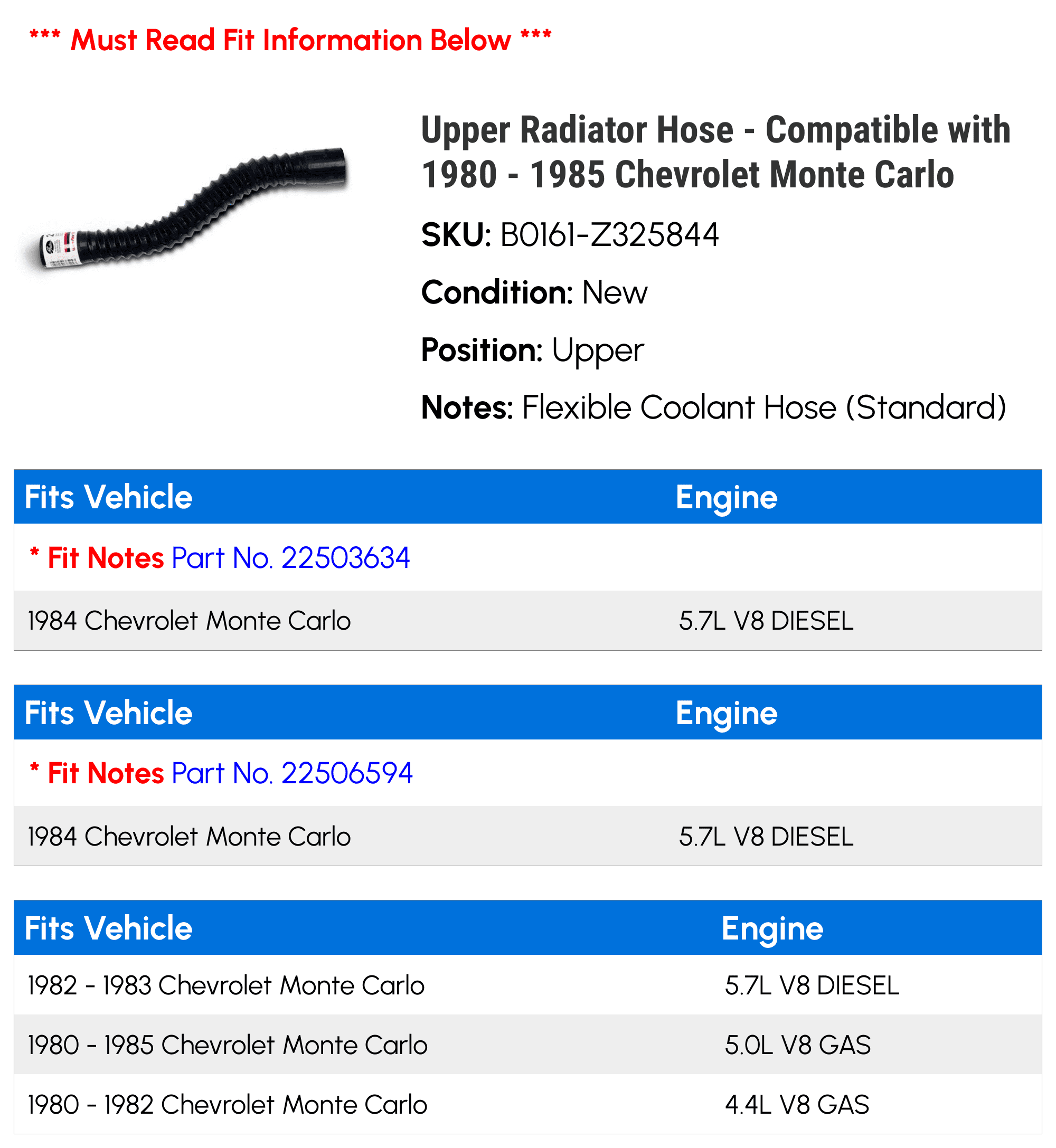 Upper Radiator Hose - Compatible with 1980 - 1985 Chevy Monte Carlo 1981 1982 1983 1984