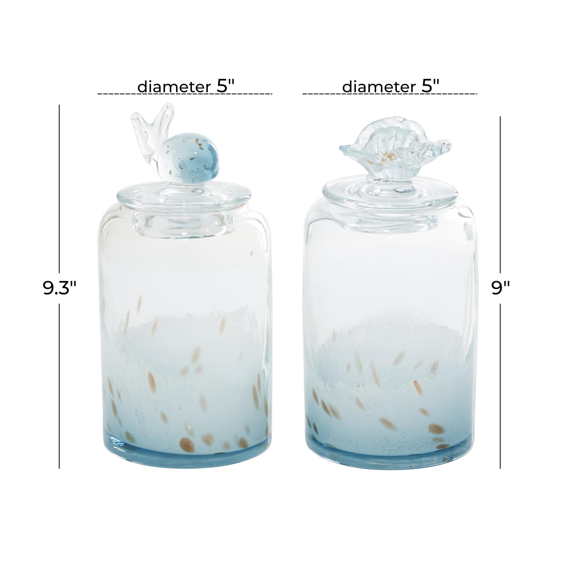 DecMode 5"W, 9"H Blue Glass Shell Handmade Decorative Jars with Whale and Seashell Tops, 2-Pieces