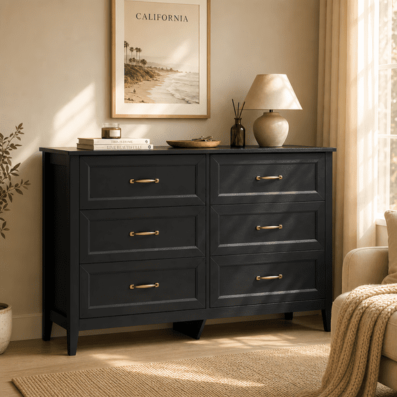 Black Dresser, Gizoon 6 Drawer Dresser for Bedroom, Modern Farmhouse Chest of Drawers with Gold Handles for Living Room