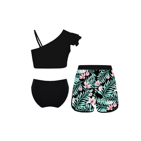 SiiRoh Girl's Bikini Tankini Swimsuit 3-Piece Tropical Print Swimming Bathing Suit for Pool Beach Black Flower 12